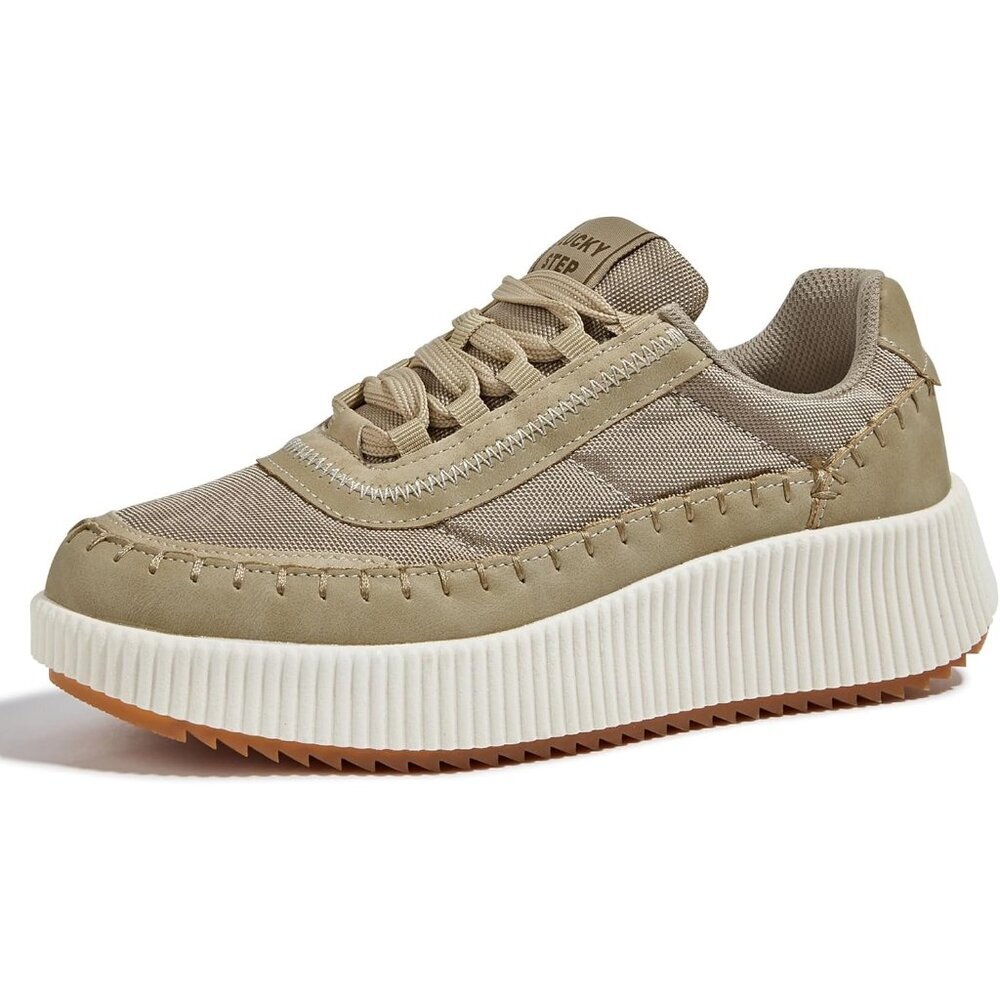 Lucky Step Women's Khaki Platform Sneakers Rhinestone Fashion Chunky Shoes